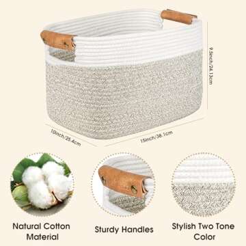 AivaToba Cotton Rope Basket, Storage Basket for Organizing, 15”x10”x9.5” Woven Basket with Handles, Organizing Baskets for Living Room, Shelves