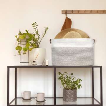 AivaToba Cotton Rope Basket, Storage Basket for Organizing, 15”x10”x9.5” Woven Basket with Handles, Organizing Baskets for Living Room, Shelves