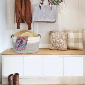 AivaToba Cotton Rope Basket, Storage Basket for Organizing, 15”x10”x9.5” Woven Basket with Handles, Organizing Baskets for Living Room, Shelves