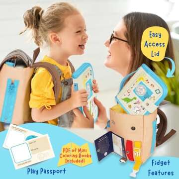 THREE-IN-ONE Toddler Backpack 1-3, Busy Book and Leash, Montessori Toys for 1 2 3 4 Year Old, Autism Sensory Toys, Travel Toys for Airplane Car, Pre-K Learning Fine Motor Skills, Gifts for Girl Boy
