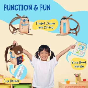 THREE-IN-ONE Toddler Backpack 1-3, Busy Book and Leash, Montessori Toys for 1 2 3 4 Year Old, Autism Sensory Toys, Travel Toys for Airplane Car, Pre-K Learning Fine Motor Skills, Gifts for Girl Boy