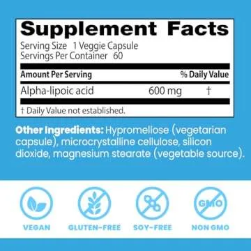 Doctor's Best Alpha-Lipoic Acid 600, Supports Antioxidant Function & Glycemic Balances, Non-GMO, Gluten Free, Vegan, Soy Free, 600 mg, 60 Veggie Caps