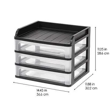IRIS USA Plastic Desk Top 3-Drawer Storage Organizer with Paper Tray Top, 1-Pack, for Makeup Vanity Nail Polish Bathroom Stationery Art Craft Supplies Kitchen Office Garage Organization, Medium, Black