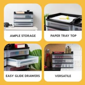 IRIS USA Plastic Desk Top 3-Drawer Storage Organizer with Paper Tray Top, 1-Pack, for Makeup Vanity Nail Polish Bathroom Stationery Art Craft Supplies Kitchen Office Garage Organization, Medium, Black