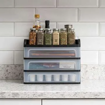 IRIS USA Plastic Desk Top 3-Drawer Storage Organizer with Paper Tray Top, 1-Pack, for Makeup Vanity Nail Polish Bathroom Stationery Art Craft Supplies Kitchen Office Garage Organization, Medium, Black