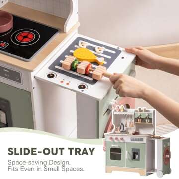 ROBOTIME Play Kitchen Set for Kids Toddlers, Wooden Kids Play Kitchen with Ice Maker and BBQ, Kids P...