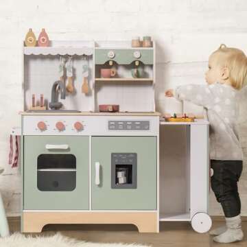 ROBOTIME Play Kitchen Set for Kids Toddlers, Wooden Kids Play Kitchen with Ice Maker and BBQ, Kids Play Kitchen Pretend Play Set with Lights & Sounds for Ages 3+, Gift for Boys and Girls