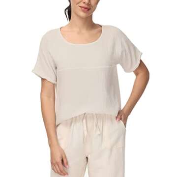 Soojun Women's Cotton Linen Round Collar Boxy Top Patchwork Blouses