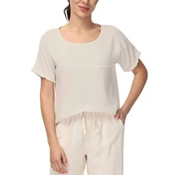 Soojun Women's Cotton Linen Round Collar Boxy Top Patchwork Blouses