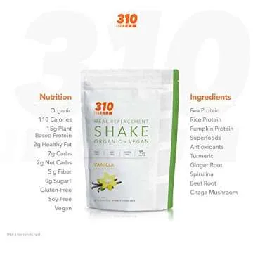 Vegan Organic Plant Protein Powder and Meal Replacement Shake With Shaker Cup and 2 Oz MCT Oil - By 310 Nutrition - Gluten, Dairy and Soy Free - 0g of Sugar | Keto and Paleo Friendly (Vanilla)