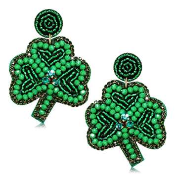 St. Patrick's Day Earrings Beaded Green Leaf Earring for Women Handmade Lucky Shamrock Hat Drop Dang...