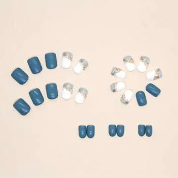 Square Press on Nails Short Sea Blue Fake Nails Glossy Acrylic Nails Press ons Full Cover False Nails with Golden Glitter Designs Glue Stick on Nails for Women Girls 24 Pcs