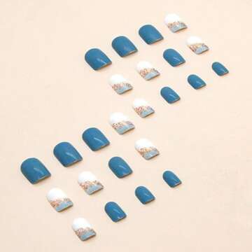 Square Press on Nails Short Sea Blue Fake Nails Glossy Acrylic Nails Press ons Full Cover False Nails with Golden Glitter Designs Glue Stick on Nails for Women Girls 24 Pcs