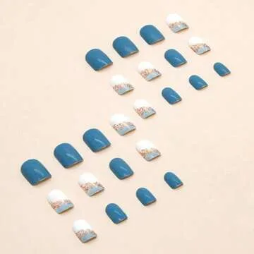 Square Press on Nails Short Sea Blue Fake Nails Glossy Acrylic Nails Press ons Full Cover False Nails with Golden Glitter Designs Glue Stick on Nails for Women Girls 24 Pcs