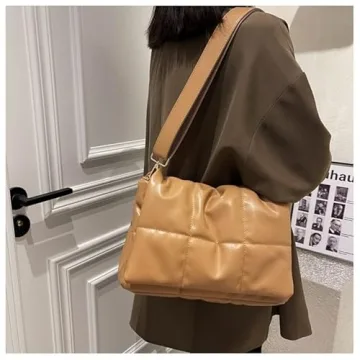 Women's Trendy Quilted Crossbody Bags Adjustable Chain Strap Cassette Puffer Padding Shoulder Bag Puffy Hobo Bag (Khaki)
