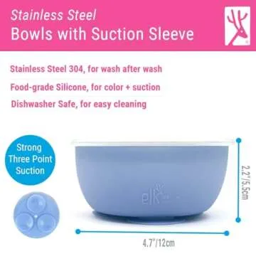 Elk and Friends Stainless Steel Bowls with Silicone Sleeve for Babies & Toddlers | Lids Included | Stay Put Suction | Cereal & Snack Bowls | 4 Pack