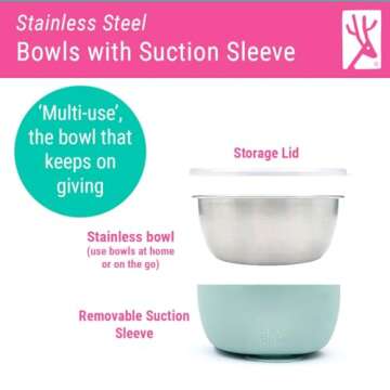 Elk and Friends Stainless Steel Bowls with Silicone Sleeve for Babies & Toddlers | Lids Included | Stay Put Suction | Cereal & Snack Bowls | 4 Pack