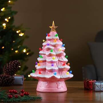 Mr. Christmas Nostalgic Ceramic Christmas Tree with LED Lights Indoor Decoration, 12 Inches, Pink