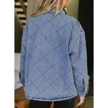 Dokotoo Jean Jacket Women 2024 Stylish Turn Down Collared Long Sleeve Button Down Loose Fit Denim Jacket for Women Solid Oversized Boyfriend Shacket Jacket Coats with Pockets Outwear Blue XXL