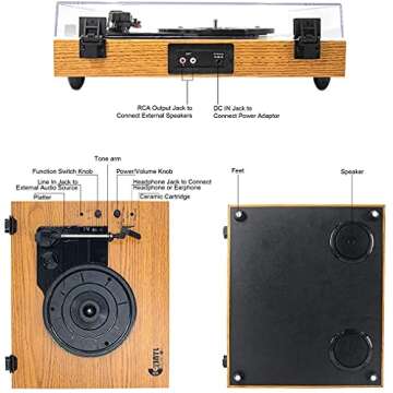 Vintage Turntable, Bluetooth Record Player, Built-in Dual Stereo Speakers, 3-Speed Belt-Drive Turntable, Record Player with Wireless Playback & Auto-Stop, Yellow Wood