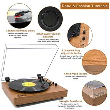 Vintage Turntable, Bluetooth Record Player, Built-in Dual Stereo Speakers, 3-Speed Belt-Drive Turntable, Record Player with Wireless Playback & Auto-Stop, Yellow Wood