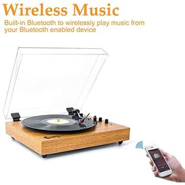 Vintage Turntable, Bluetooth Record Player, Built-in Dual Stereo Speakers, 3-Speed Belt-Drive Turntable, Record Player with Wireless Playback & Auto-Stop, Yellow Wood