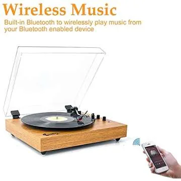 Vintage Turntable, Bluetooth Record Player, Built-in Dual Stereo Speakers, 3-Speed Belt-Drive Turntable, Record Player with Wireless Playback & Auto-Stop, Yellow Wood