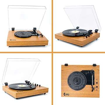 Vintage Turntable, Bluetooth Record Player, Built-in Dual Stereo Speakers, 3-Speed Belt-Drive Turntable, Record Player with Wireless Playback & Auto-Stop, Yellow Wood