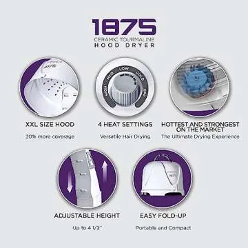 RED by KISS 1875 Watt Ceramic Tourmaline Hood Dryer, 4 Heat Settings Blow Dryer for Home & Salon, Height Adjustable Convenient Hooded Hair Dryer