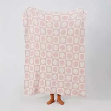 YIRUIO Smile Face Checkerboard Throw Blanket in Soft Pink