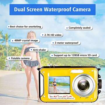 Waterproof Camera Underwater Camera Full HD 2.7K 48 MP Camera Selfie Dual Screens Point and Shoot Camera Selfie Dual Screen Waterproof Camera for Snorkeling