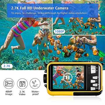 Waterproof Camera Underwater Camera Full HD 2.7K 48 MP Camera Selfie Dual Screens Point and Shoot Camera Selfie Dual Screen Waterproof Camera for Snorkeling