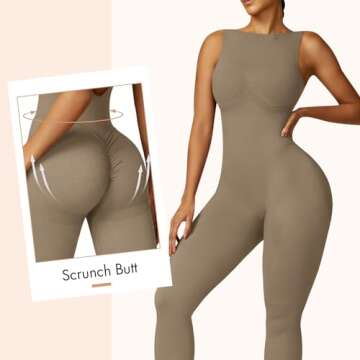 OEAK Womens Scrunch Butt Jumpsuits 2024 Crew Neck Seamless Romper V Back Gym Booty Leggings Bodycon Workout Yoga Unitard Flaxen,S