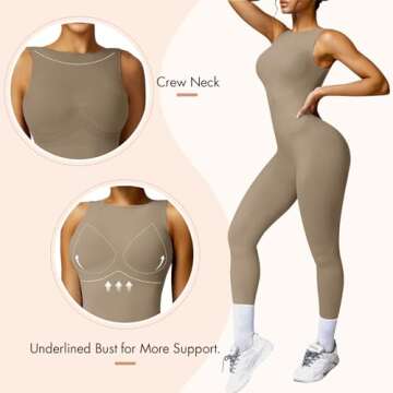 OEAK Womens Scrunch Butt Jumpsuits 2024 Crew Neck Seamless Romper V Back Gym Booty Leggings Bodycon Workout Yoga Unitard Flaxen,S