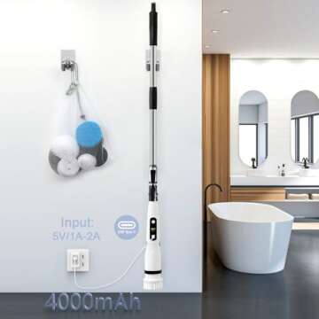 Electric Spin Scrubber, Bathroom Cleaning Brush, Shower Scrubber with Long Handle, Power Cleaner for Cleaning Tub Tile Floor Window, Push Telescopic Rod, 8 in 1 Brush Set, 2H 3V 450RPM Black