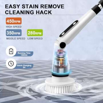 Electric Spin Scrubber, Bathroom Cleaning Brush, Shower Scrubber with Long Handle, Power Cleaner for Cleaning Tub Tile Floor Window, Push Telescopic Rod, 8 in 1 Brush Set, 2H 3V 450RPM Black