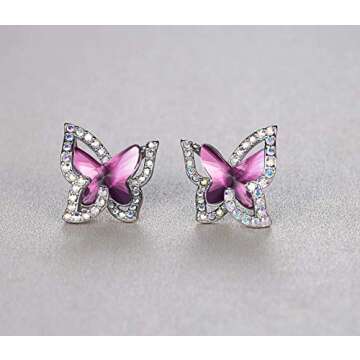 GEMMANCE Butterfly Crystal Bundle Jewelry Set Amethyst Dark Pink February Birthstone Gifts for Women Necklace Earrings Bracelet, Silver-Tone, 18”+2” Chain