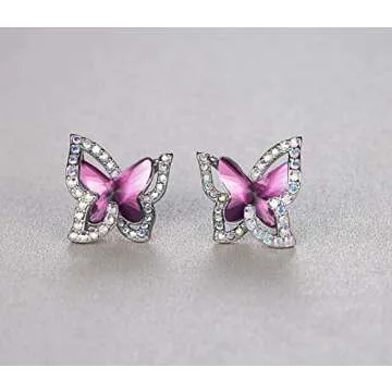 GEMMANCE Butterfly Crystal Bundle Jewelry Set Amethyst Dark Pink February Birthstone Gifts for Women Necklace Earrings Bracelet, Silver-Tone, 18”+2” Chain