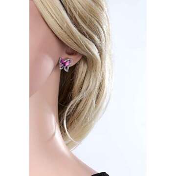 GEMMANCE Butterfly Crystal Bundle Jewelry Set Amethyst Dark Pink February Birthstone Gifts for Women Necklace Earrings Bracelet, Silver-Tone, 18”+2” Chain