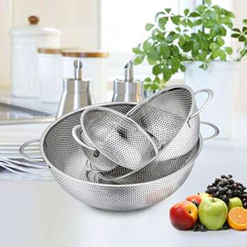 P&P CHEF Colander Set of 3, Stainless Steel Micro-Perforated Colanders Strainers for Draining Rinsin...
