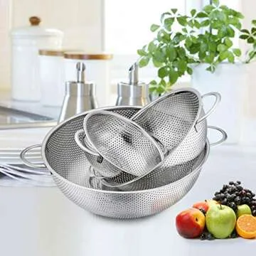 P&P CHEF Colander Set of 3, Stainless Steel Micro-Perforated Colanders Strainers for Draining Rinsin...