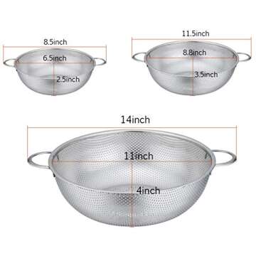 P&P CHEF Colander Set of 3, Stainless Steel Micro-Perforated Colanders Strainers for Draining Rinsing Washing, Ideal for Pasta Vegetables Fruits, Heavy Duty & Dishwasher Safe - 1/3/5 Quart