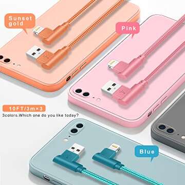 iPhone Charger, 3 Pack 10FT 90 Degree Charging Cable MFi Certified USB Lightning Cable Nylon Braided...