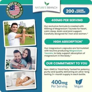 Magnesium Taurate 400mg - 200 Capsules - High Absorption for Sleep, Heart Health, Calm, Joint Supple...