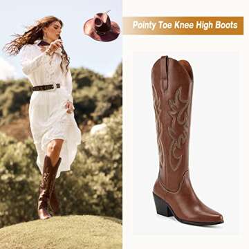 TINSTREE Cowgirl Boots for Women,Embroidered Cowboy Boots Knee High Midium Chunky Tall Mid Calf Boot...