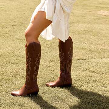 TINSTREE Cowgirl Boots for Women,Embroidered Cowboy Boots Knee High Midium Chunky Tall Mid Calf Booties Western Boots Over the Knee Slip on Retro Classic Boots Riding Brown,10