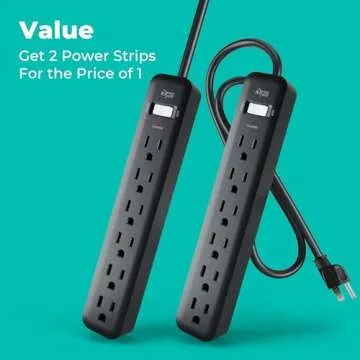 KMC 6-Outlet Power Strip, 2-Pack, 2-Foot Short Extension Cord with Multiple Outlets, 6 AC Power Outlet Power Bar, 2pk Power Strips, Black