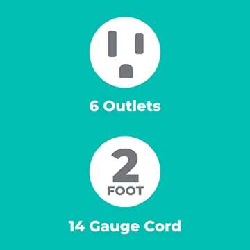KMC 6-Outlet Power Strip, 2-Pack, 2-Foot Short Extension Cord with Multiple Outlets, 6 AC Power Outlet Power Bar, 2pk Power Strips, Black