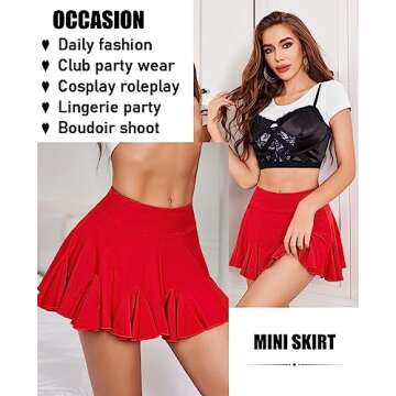 Avidlove Women's Pleated Mini Skirt Short Lingerie Skirt High Waist Skirt Ruffle Skirt (Red,S)