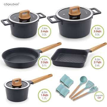Nonstick Cookware Set 15 Piece, Ultra Non-Stick Pots And Pans Set, Stay-Cool Handles, Induction Cooking Set w/Frying Pans & Saucepans, PFOS & PFOA Free, Works on All Cooktops, Slate Gray